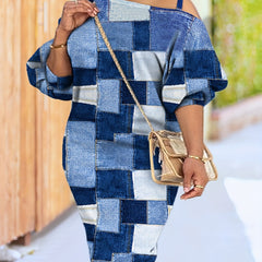  Denim Print One Shoulder Midi Dress