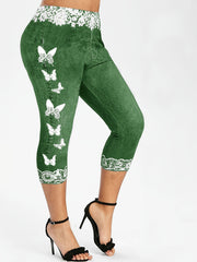 Butterfly & Denim Print Skinny Leggings High Waist Yoga Leggings