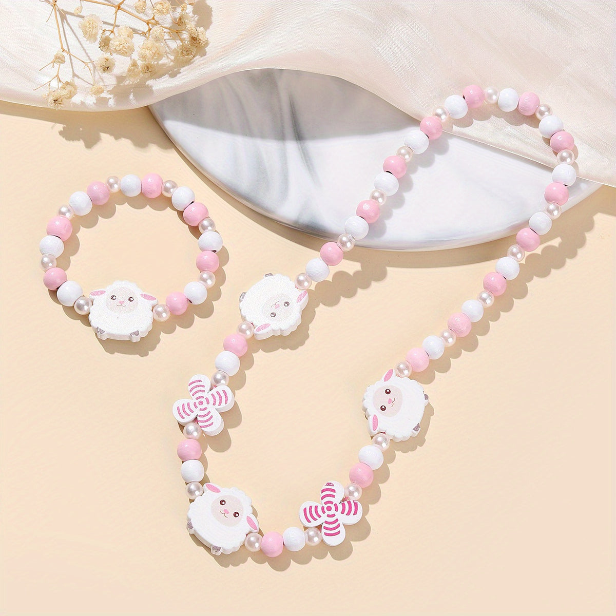2pcs Cartoon Animal Beaded Necklace Bracelet Set for Girls