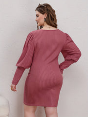  Solid Puff Sleeve Bodycon Midi Dress