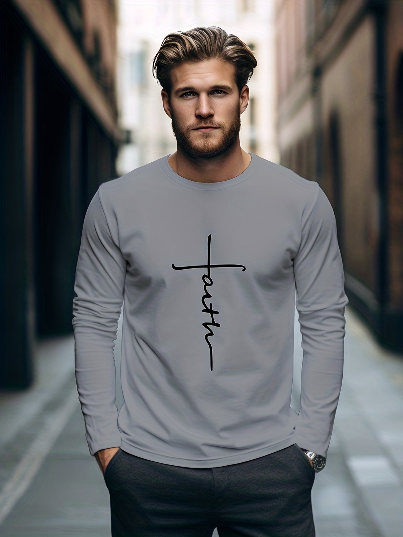 Faith Print Men's Long Sleeve Novelty T-shirt for Autumn