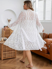  Sheer Lace Bell Sleeve Robe & Slips Lingerie Set