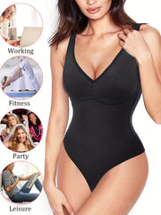 Seamless Thong Shaping Bodysuit V Neck Tummy Control Slimmer Body Shaper