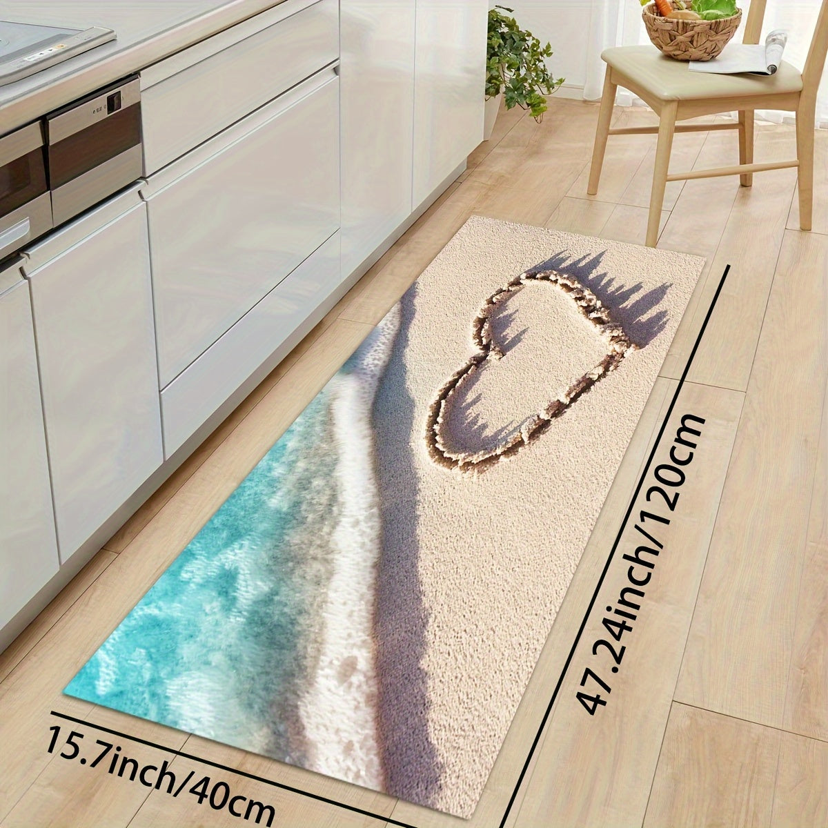 Romantic Wave & Heart Print Rug - Machine Washable Kitchen Carpet