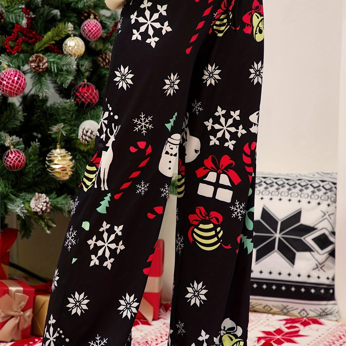  Christmas Pants Women's Plus Gift & Snowflake Print Elastic Drawstring