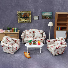 Pink Floral Mini Sofa Set Dollhouse Furniture Decoration