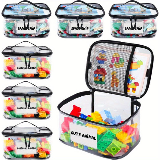 6pcs Transparent Toy Storage Bags with Name Tags and Manual Pockets