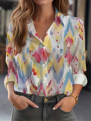  Painting Print Button Up Long Sleeve Top
