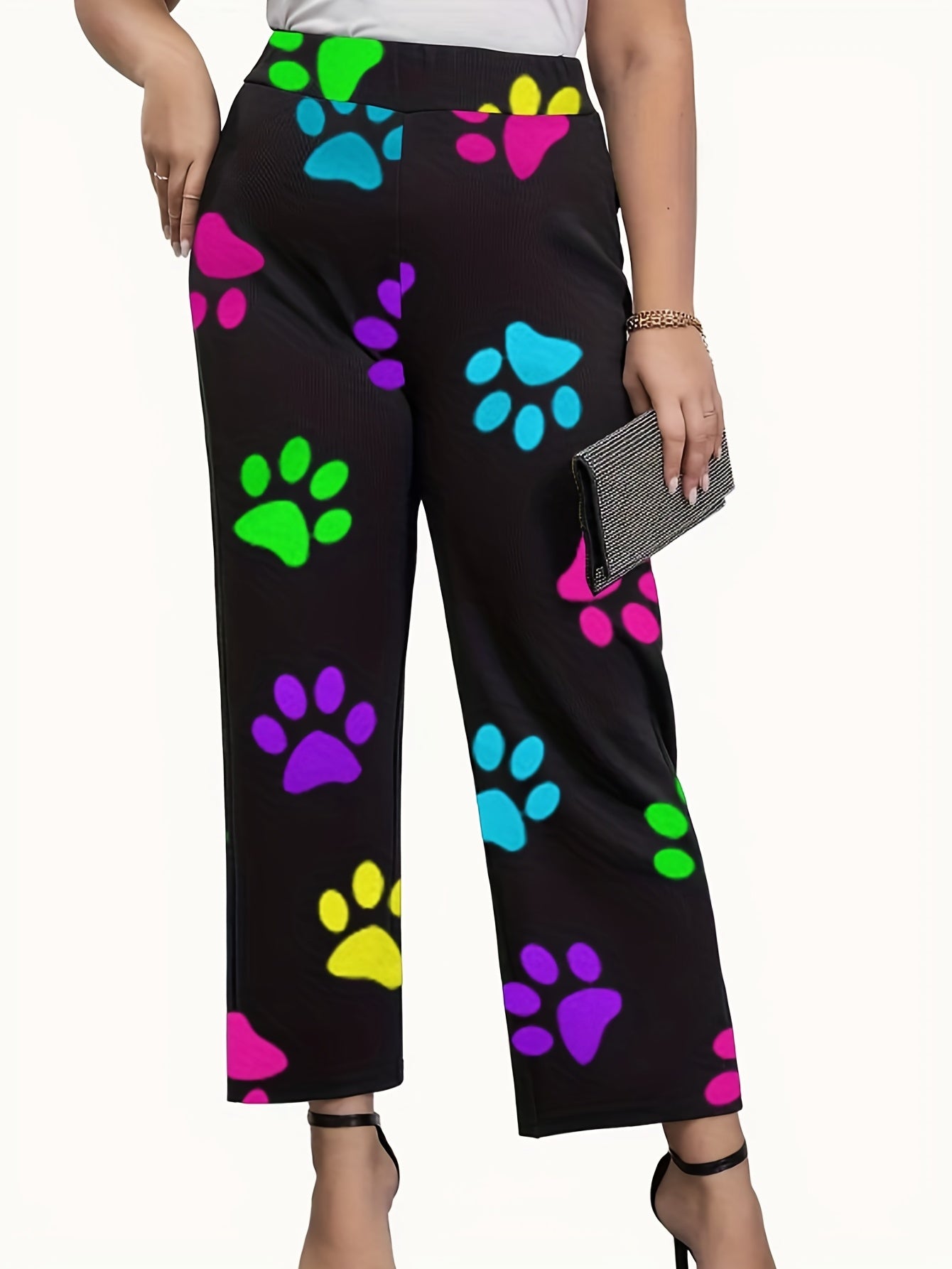  Colorful Paw Print Wide Leg Trousers