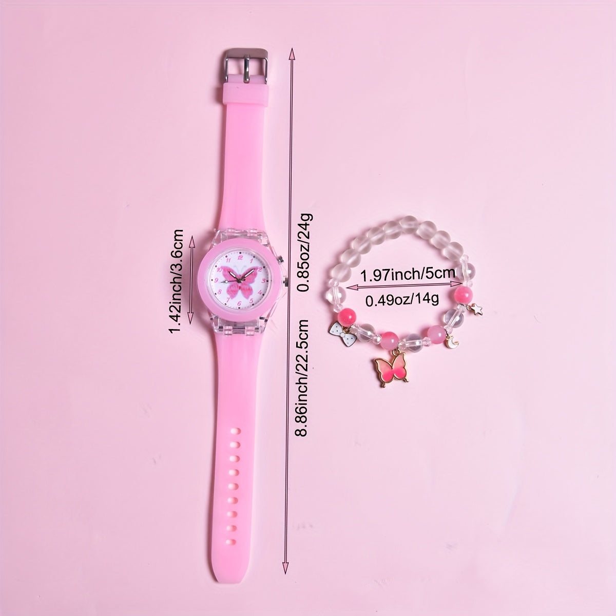 Girls' Butterfly LED Light Watch with Beaded Bracelet Set