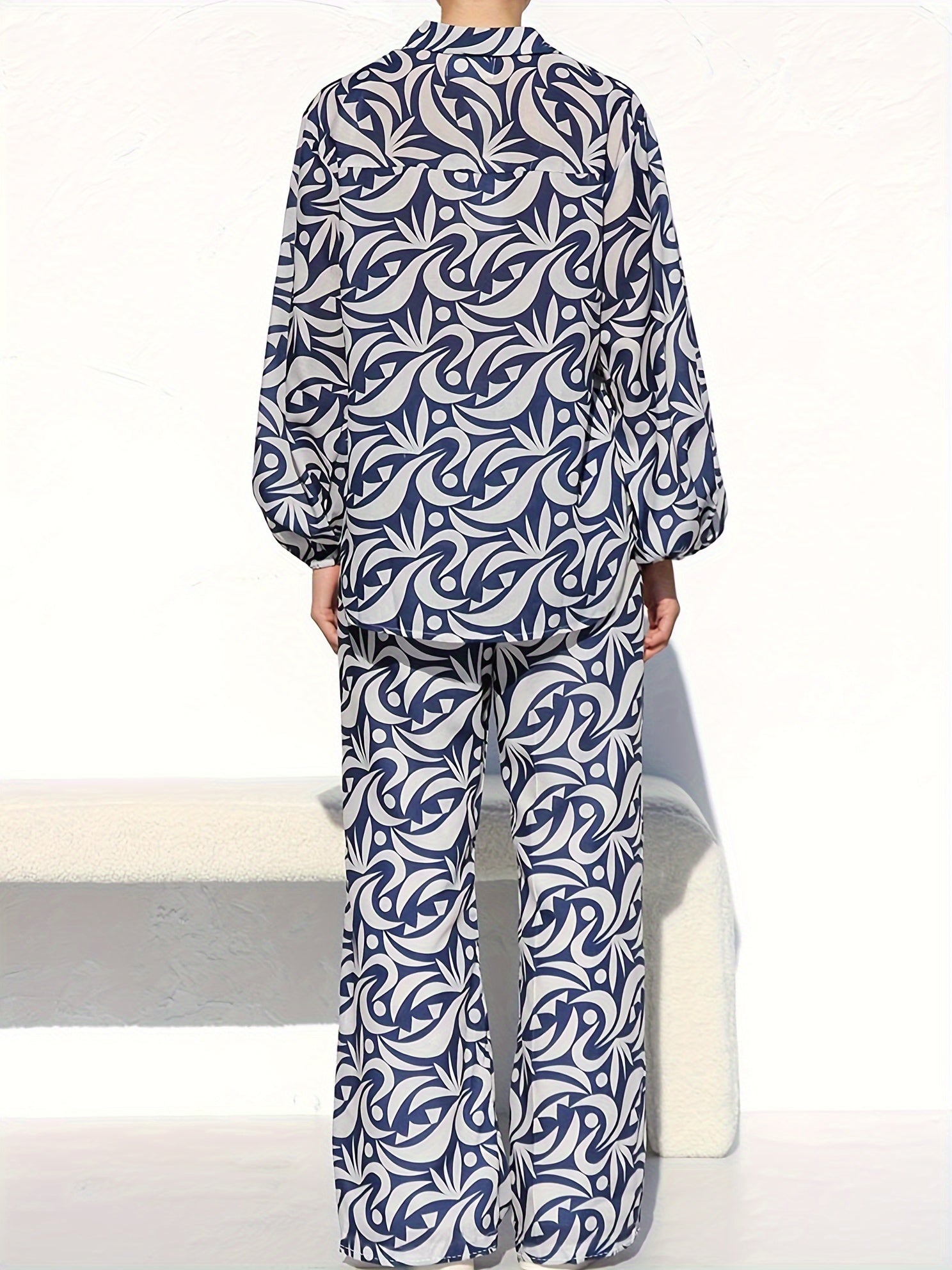  Allover Print Blouse & Pants 2 Piece Set