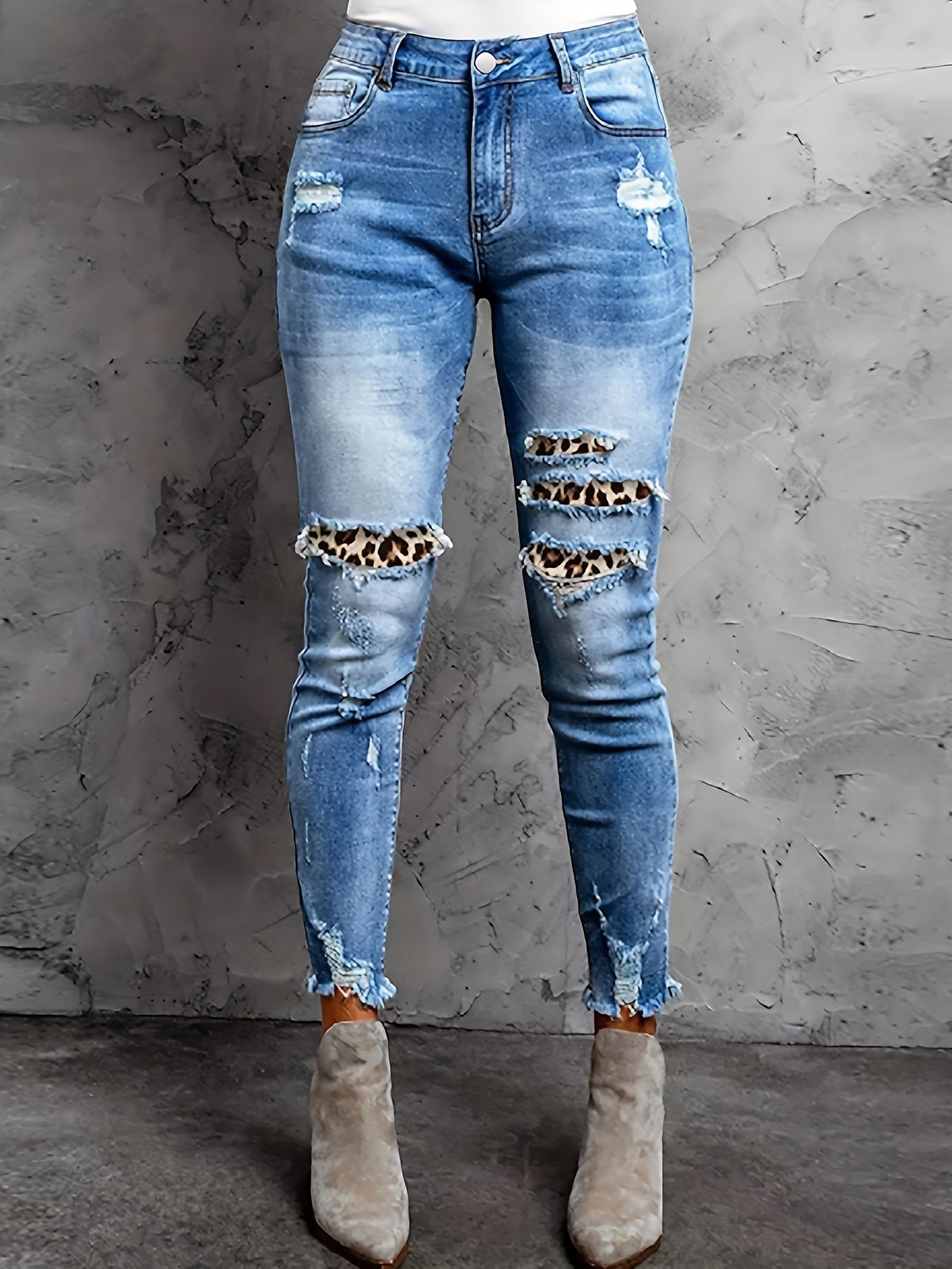  Leopard Patched Ripped Button Fly High Stretch Denim Pants