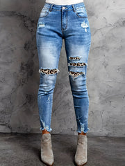  Leopard Patched Ripped Button Fly High Stretch Denim Pants