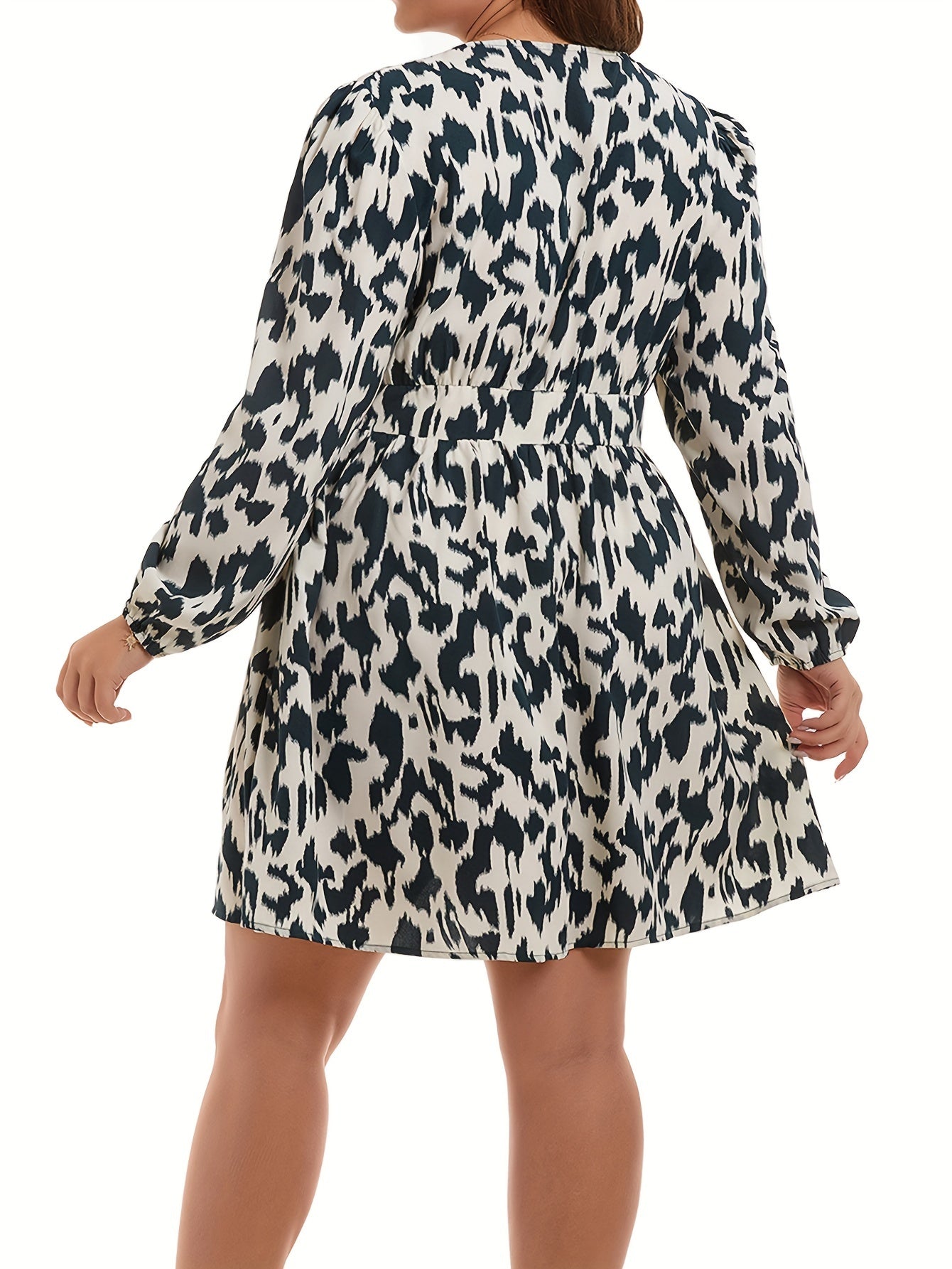  Women's Leopard Print Lantern Sleeve V Neck A line Mini Dress