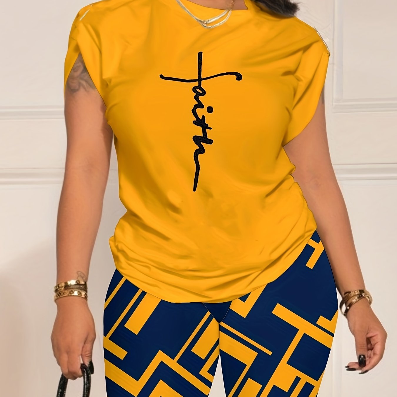 Faith Letter Print T-shirt & Full Printed Shorts Set