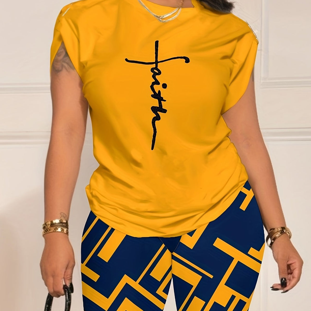 Faith Letter Print T-shirt & Full Printed Shorts Set