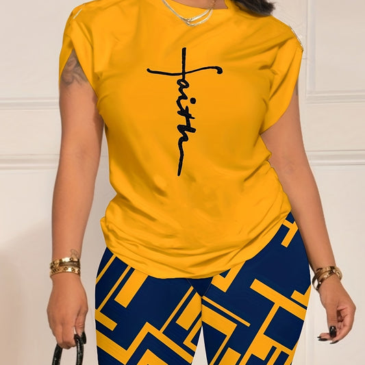 Faith Letter Print T-shirt & Full Printed Shorts Set