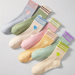 7 Pairs Heart Print Striped Socks Women's Mid Tube Stockings