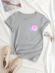 Smiling Face Print Casual T Shirt Round Neck Short Slee
