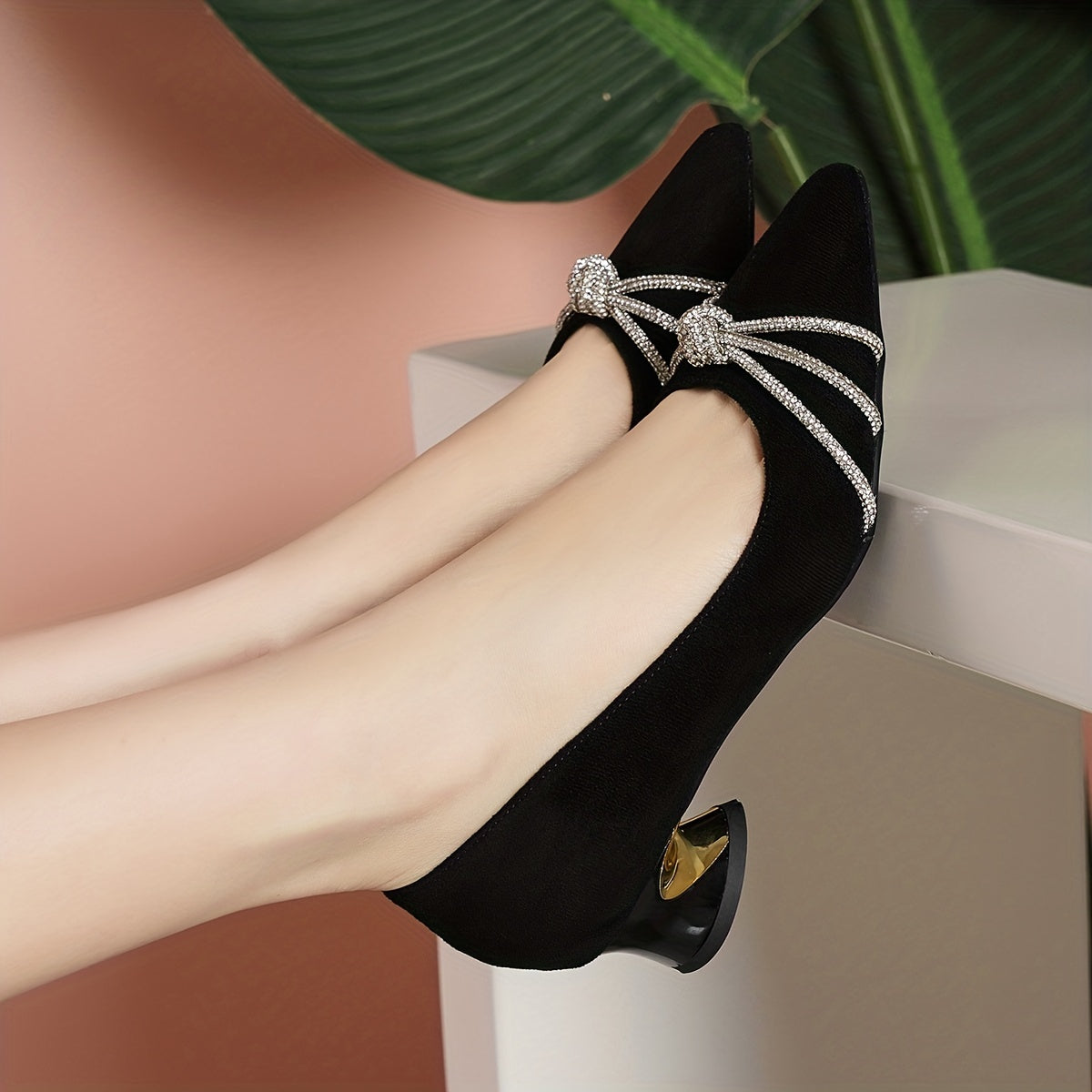 Women's Rhinestone Slip On French Heels Low Heels