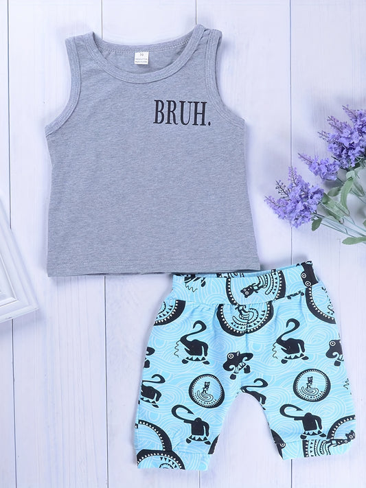 2pcs Baby Boys Casual Tank Top & Cartoon Shorts Set