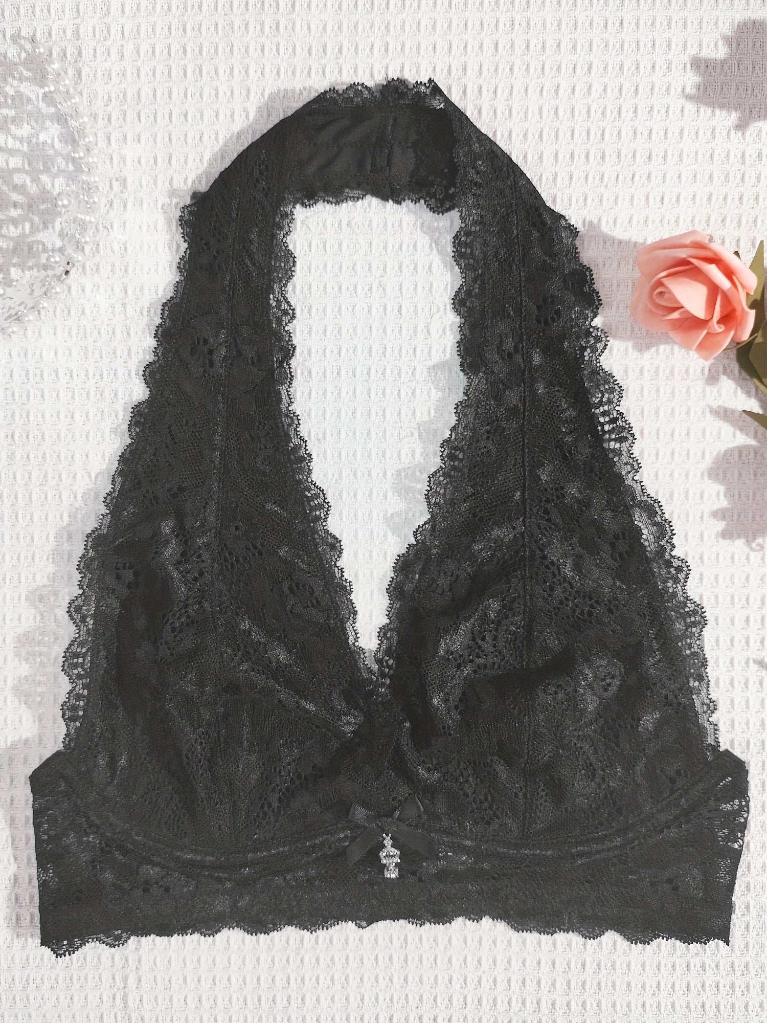 Floral Lace Wireless Halter Bow Tie Bra
