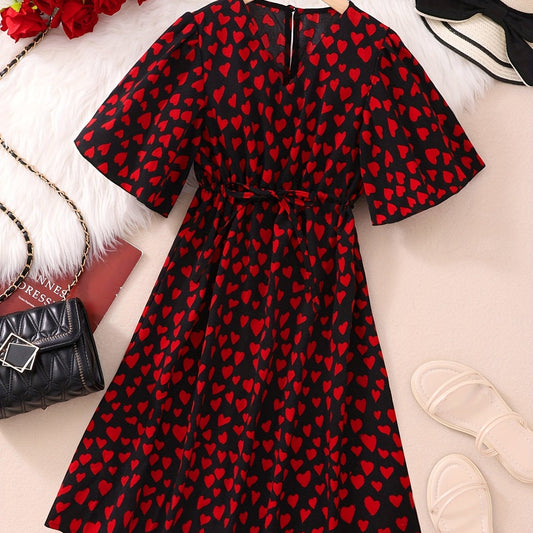 Hearts Print V-neck Tunic Dress for Girls