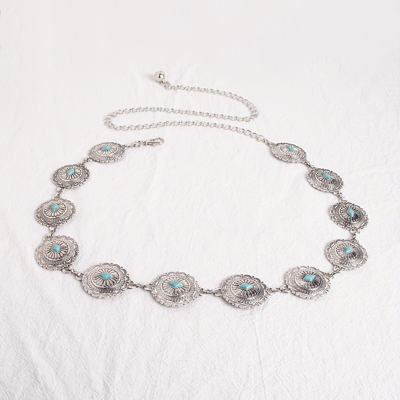 Turquoise Carved Silvery Waist Chain Geometric Flower Embossed Belly Chain 
