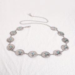 Turquoise Carved Silvery Waist Chain Geometric Flower Embossed Belly Chain 