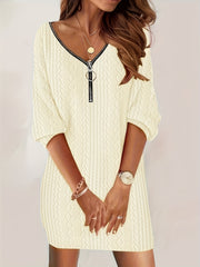 Women's Plus Solid Half Zipper Long Sleeve V Neck Mini Dress