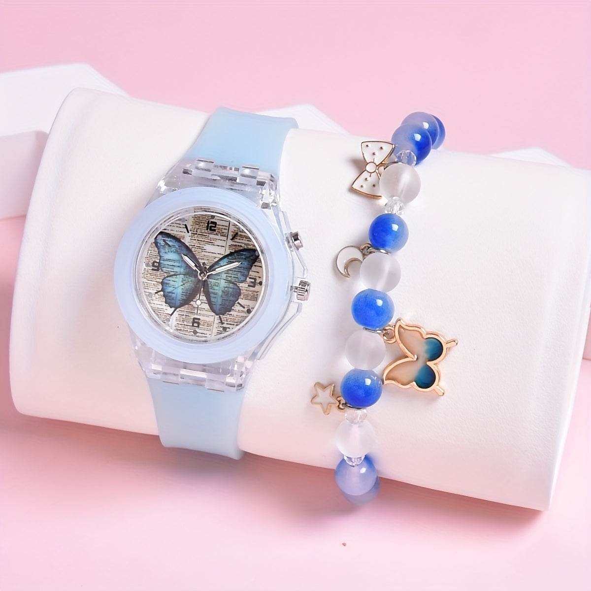 Girls' Butterfly LED Light Watch with Beaded Bracelet Set