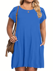  Solid Petal Sleeve Round Neck Mini Dress