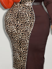 Colorblock Leopard Print Long Sleeve Cami Dress Plus Size Women's Dress