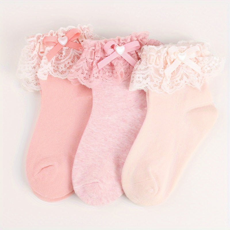 3 Pairs Girl Socks Love Bow Ruffled Princess Socks