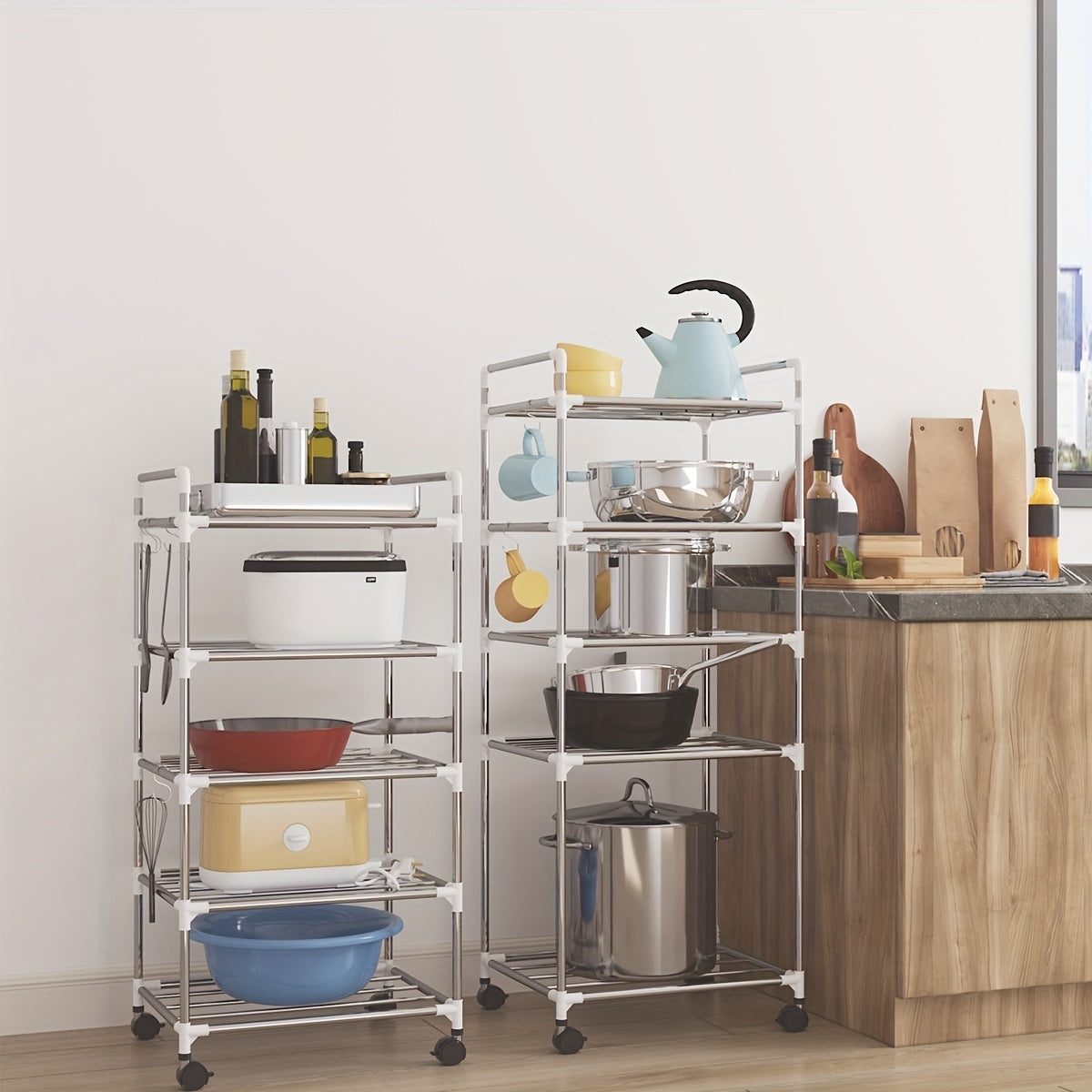 Kitchen Pot Tableware Arrangement Metal Rack with Wheels