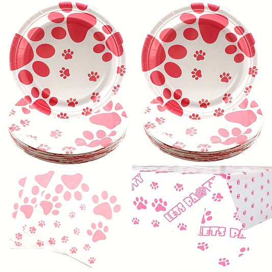 Pink Dog Paw Prints Party Supplies Set - Plates, Napkins, Tablecloth