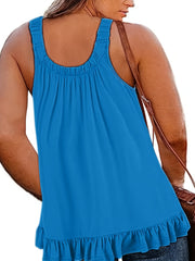  Casual Cami Top Solid Round Neck Ruffle Trim Slight Stretch