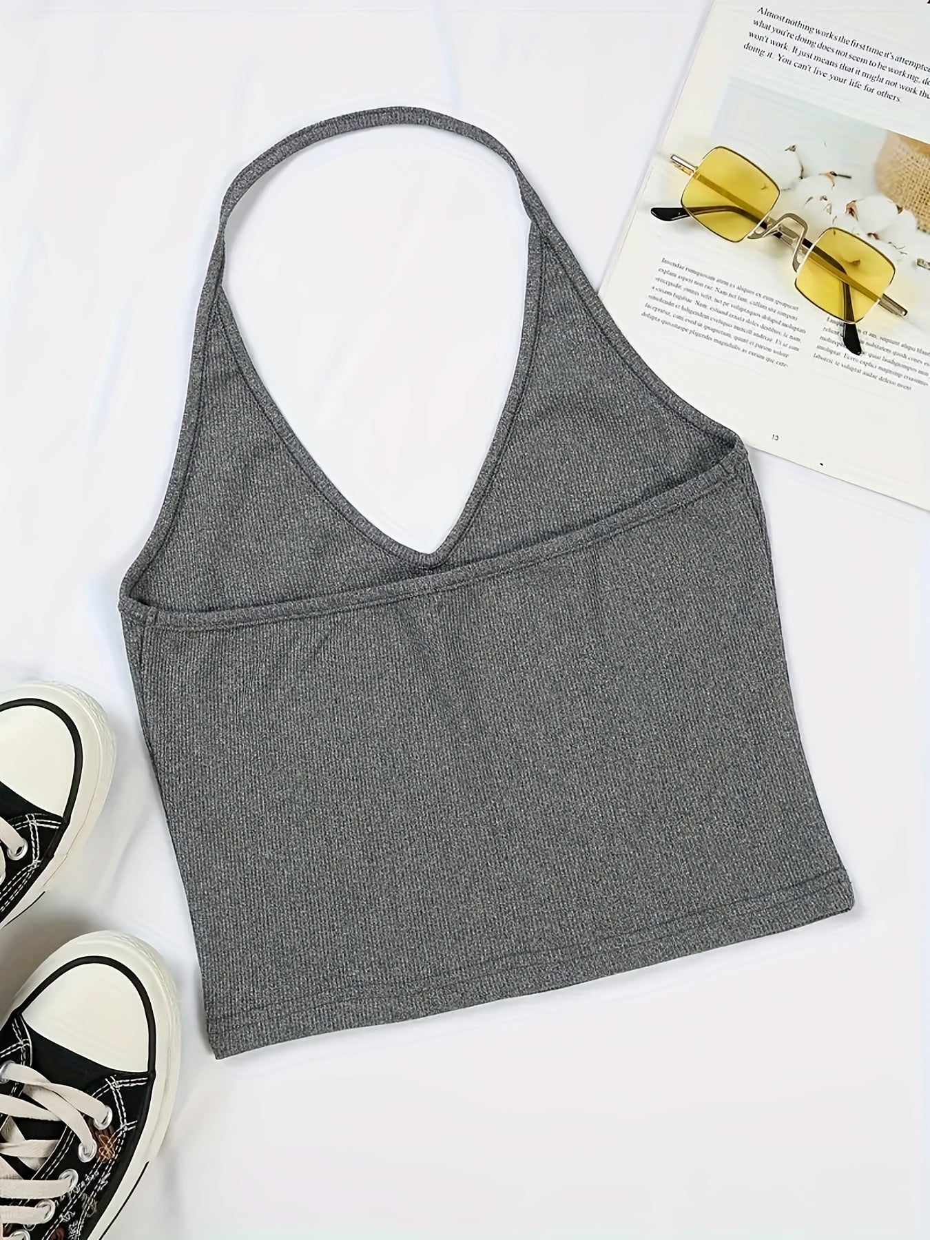 Solid V Neck Tank Top Halter Top