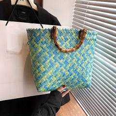Straw Woven Beach Bag with Bamboo Handle Boho Style Handbag