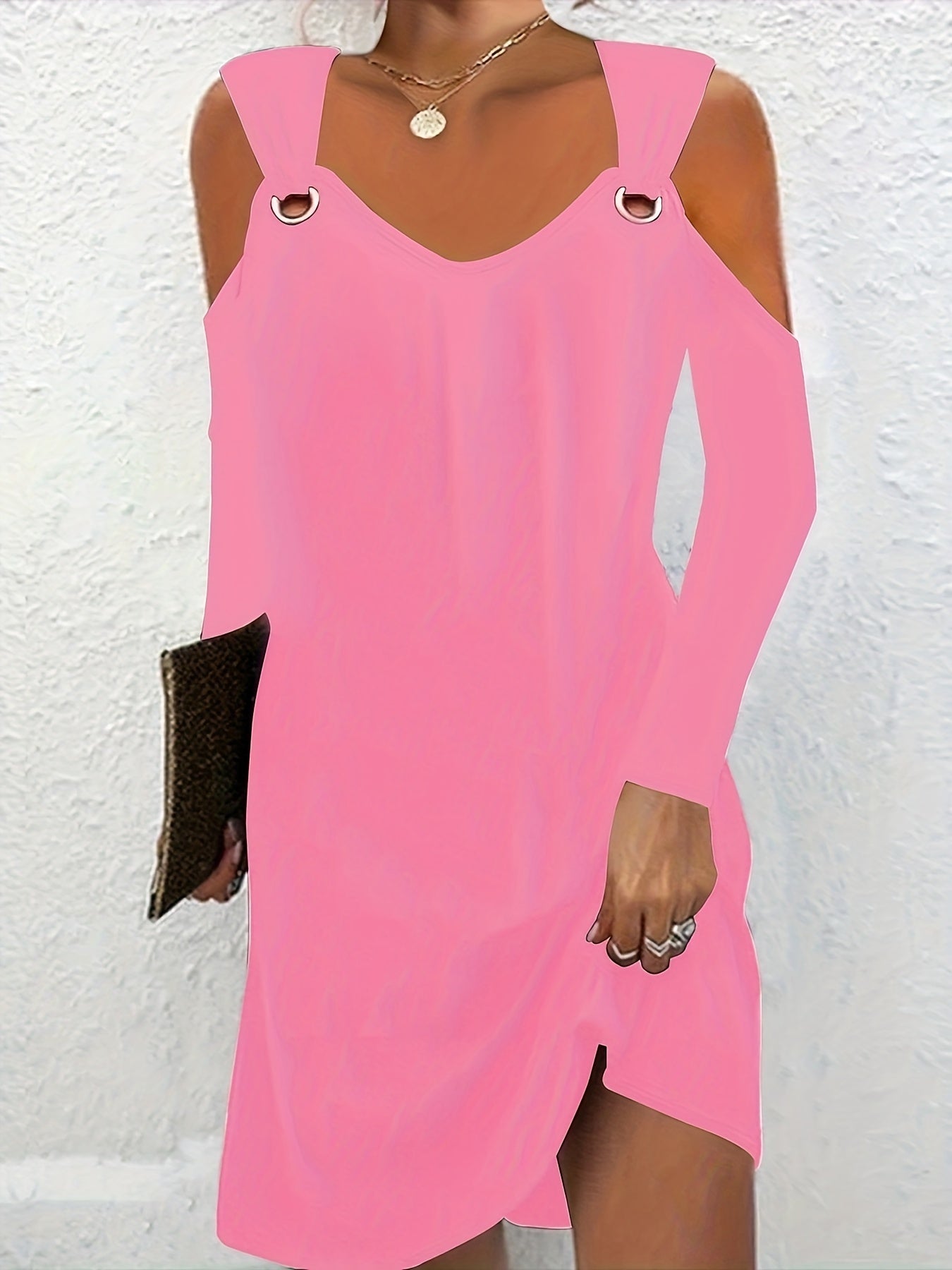  Casual Dress Women's Plus Solid Cold Shoulder Long Sleeve Mini Dress