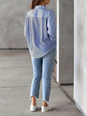 Stripe Print Button Up Long Sleeve Blouse