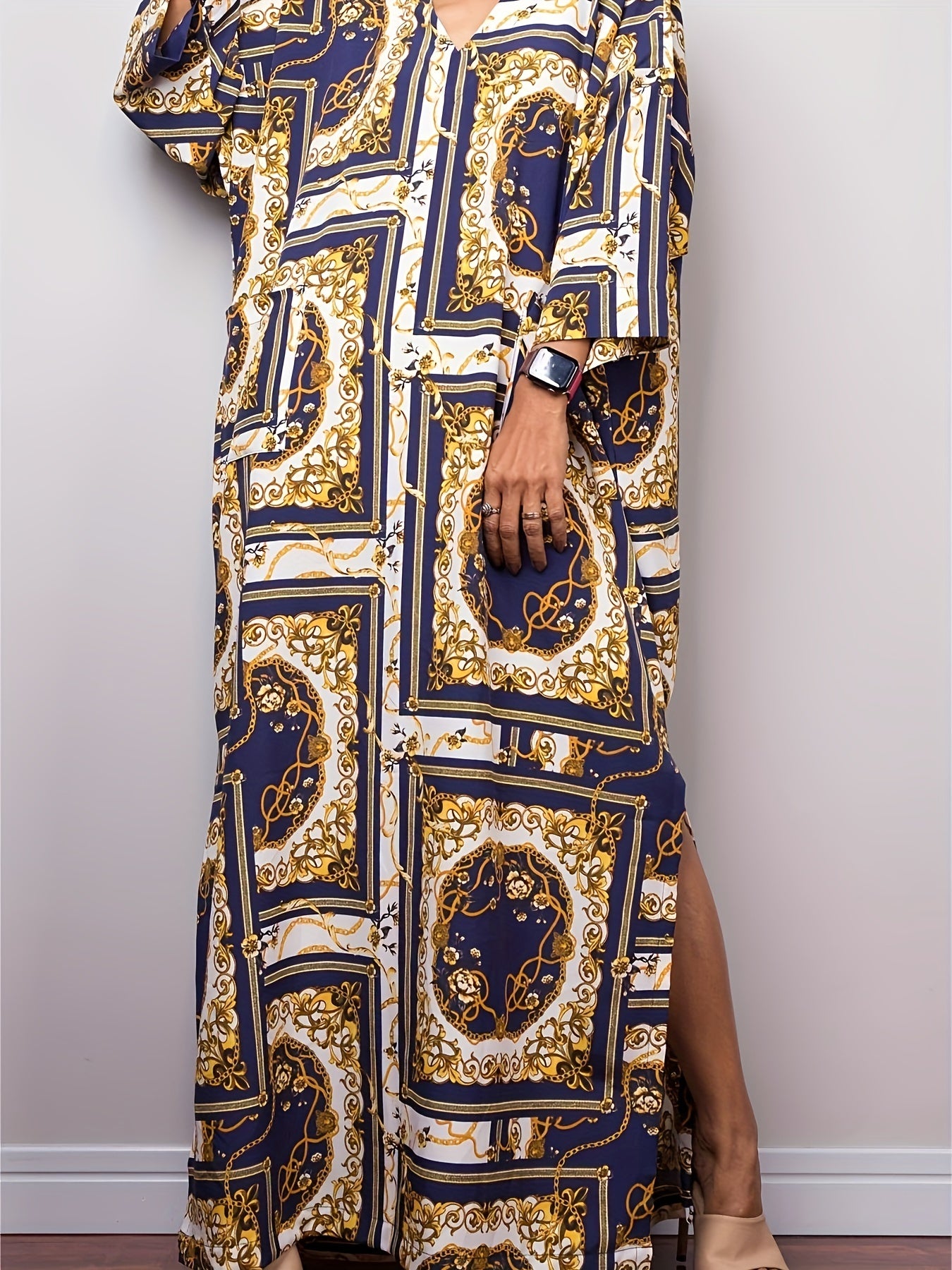  Retro Kaftan Dress Three Quarter Sleeve V Neck Baroque Print