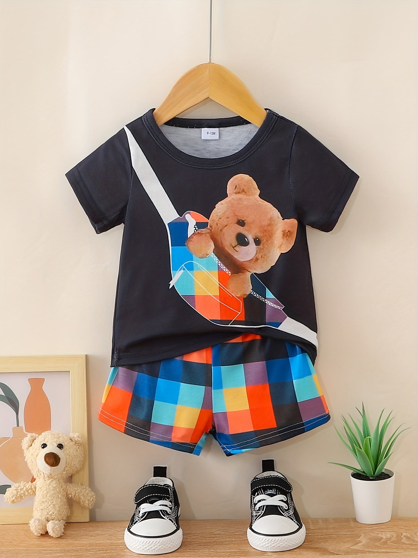 Preppy Kids Bear Graphic T-shirt & Plaid Shorts Set
