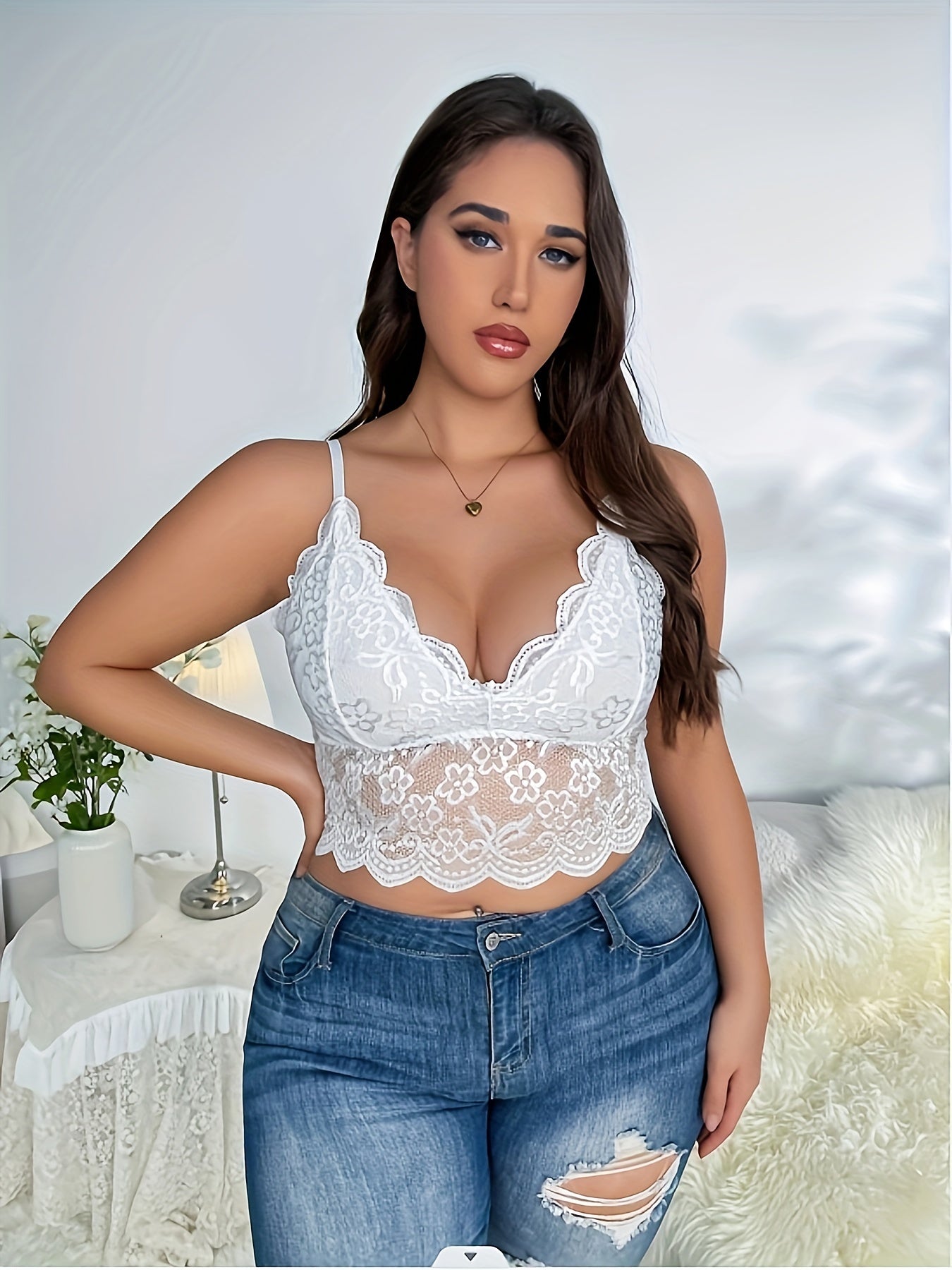  Bra Women's Plus Lace Trim Bralette Adjustable Straps