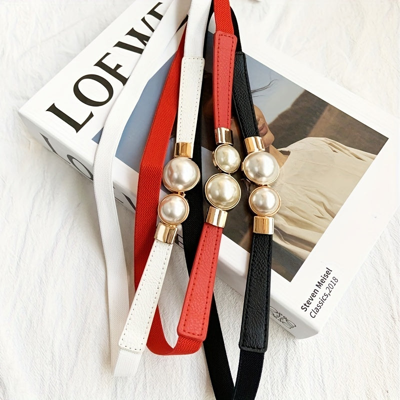 Faux Pearl Button Skirt Belt Elastic Waistband