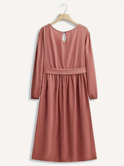 Plus Size Retro Dress Solid Lantern Sleeve Knee Length Dress With Belt