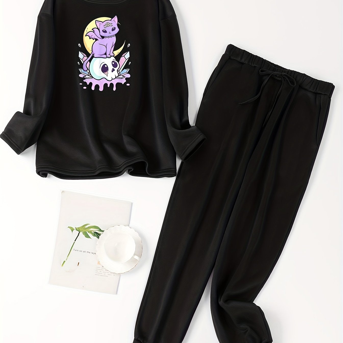  Cat & Skull Print Fleece Lounge Set