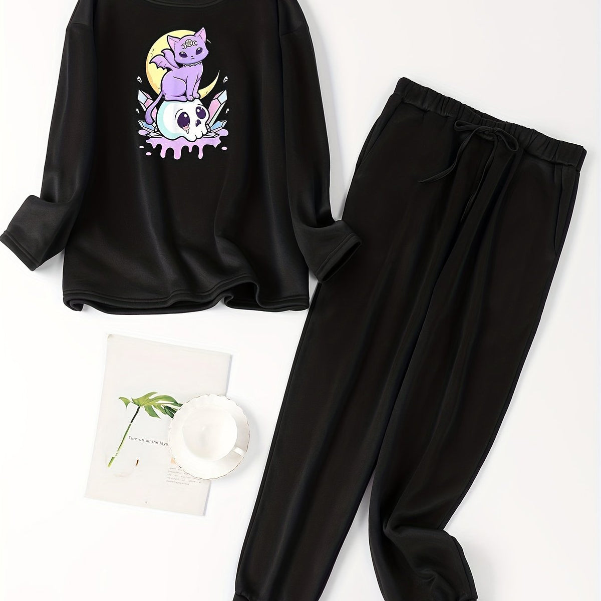 Cat & Skull Print Fleece Lounge Set
