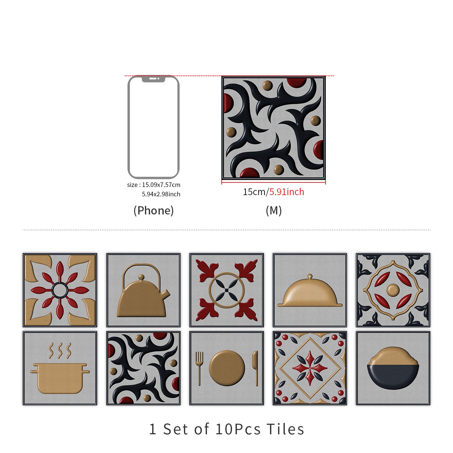 10pcs Vintage Kitchen Tile Sticker Peel Stick Non Slip PVC Wall Sticker