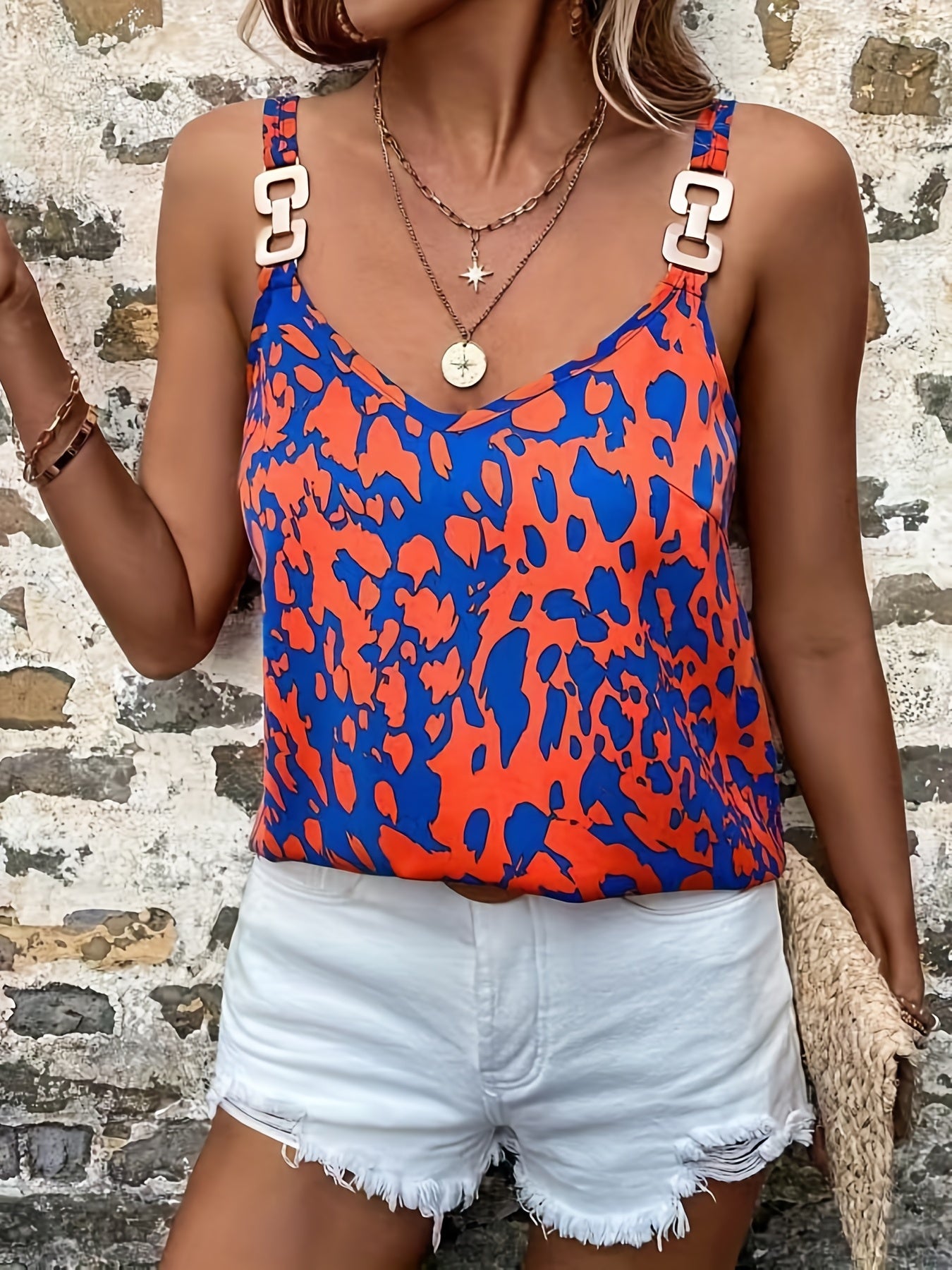 Graphic Print Metal Buckle Cami Top Sexy V Neck Summer Sleeveless Top
